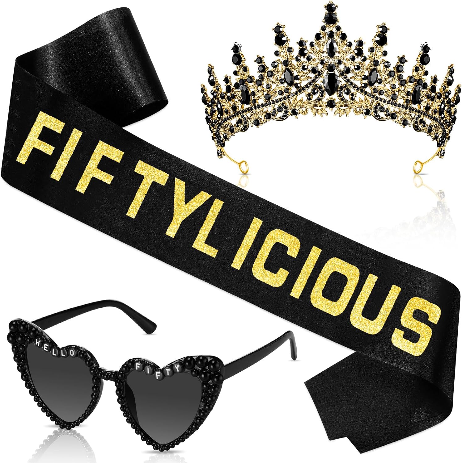 

3 предмета украшений на 30-й/40-й/50-й/60-й/70-й день рождения для женщин и мужчин, корона-лента и солнцезащитные очки на 30-й/40-й/50-й/60-й день рождения Daifunli, Black Gold