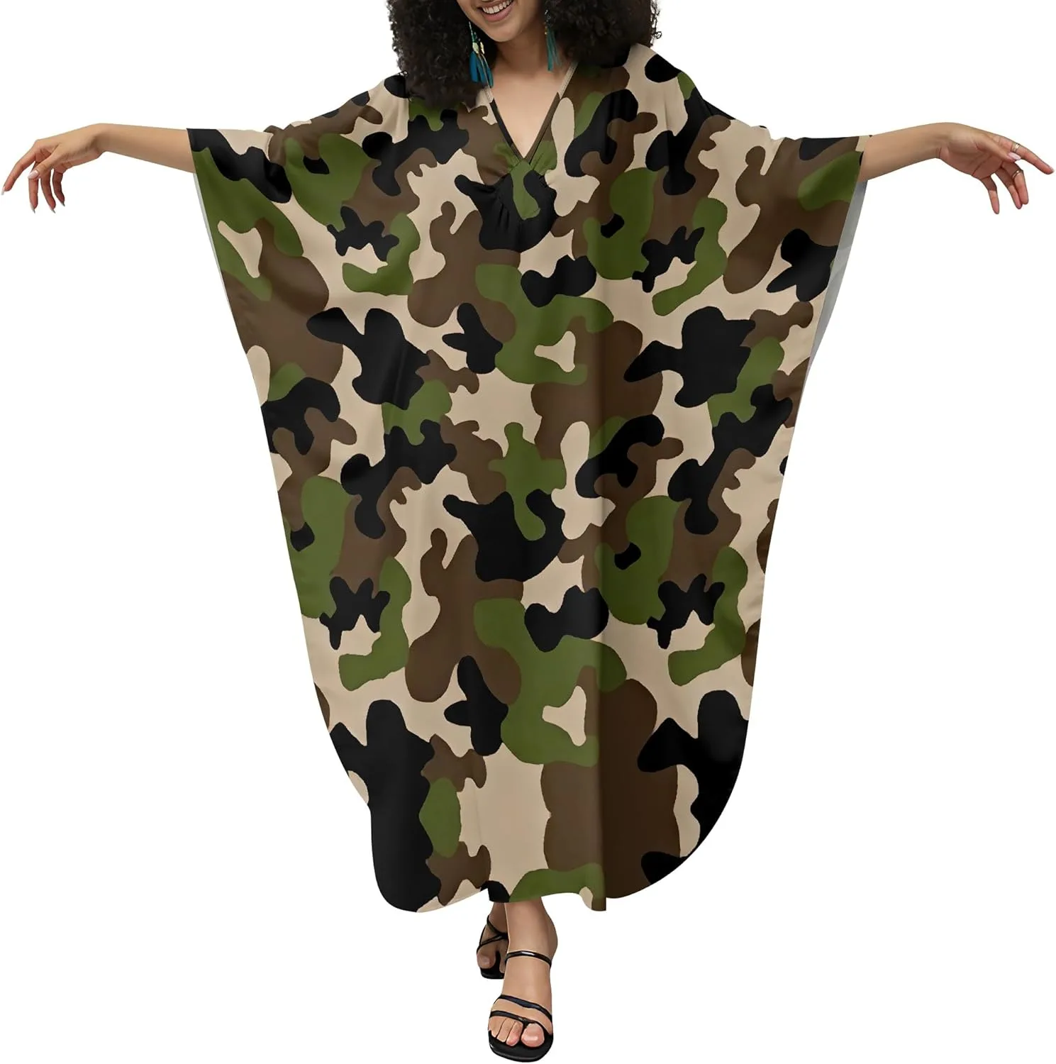 Generic Женское платье-кафтан Plus Size с V-образным вырезом и рукавами летучая мышь, пляжная накидка, домашняя одежда, летнее платье-кафтан с леопардовым принтом — фото 4