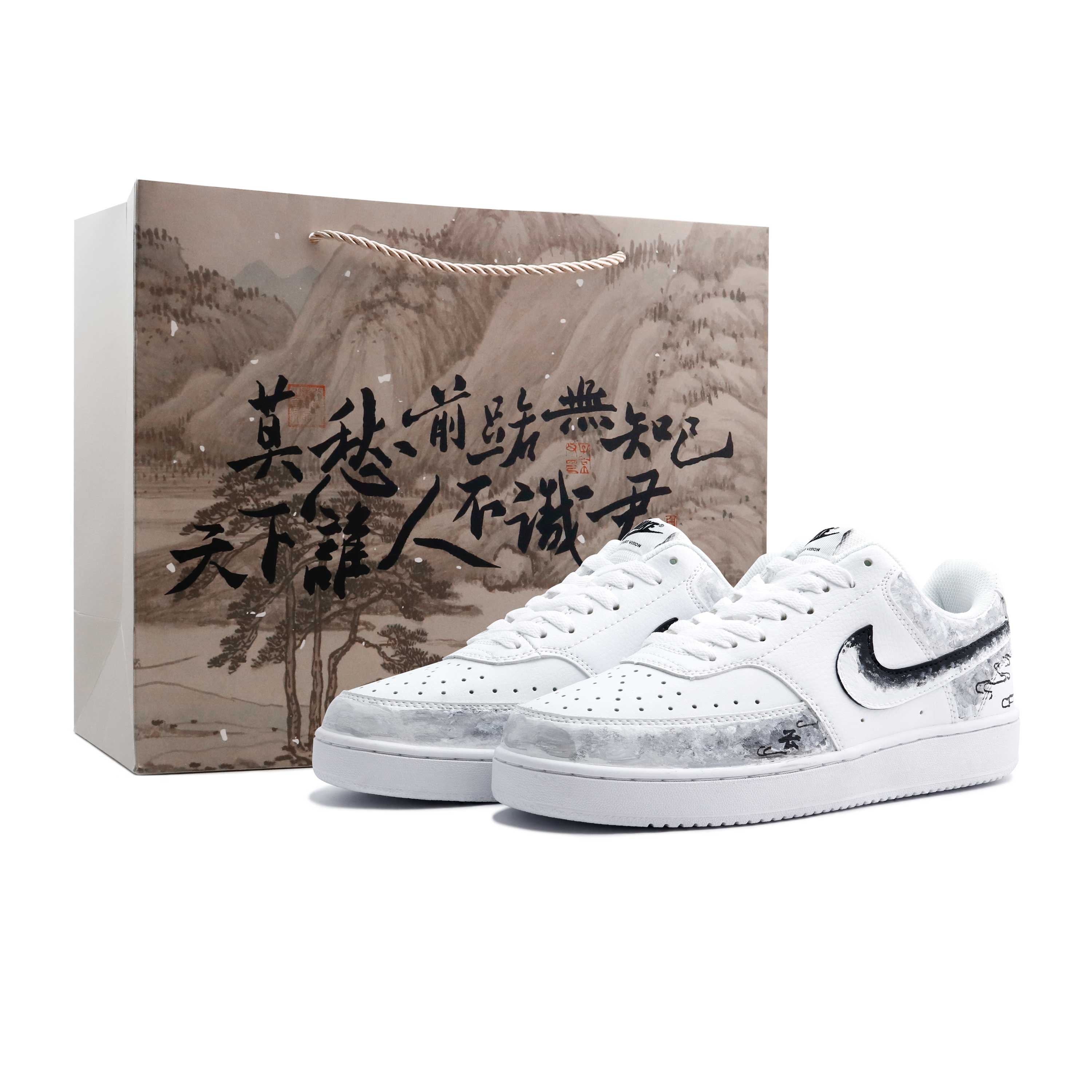 

Nike Кроссовки Court Vision 1 Ink Shadow Graffiti, износостойкие и легкие, низкие, для скейтбординга, мужские, черные, белые, серые