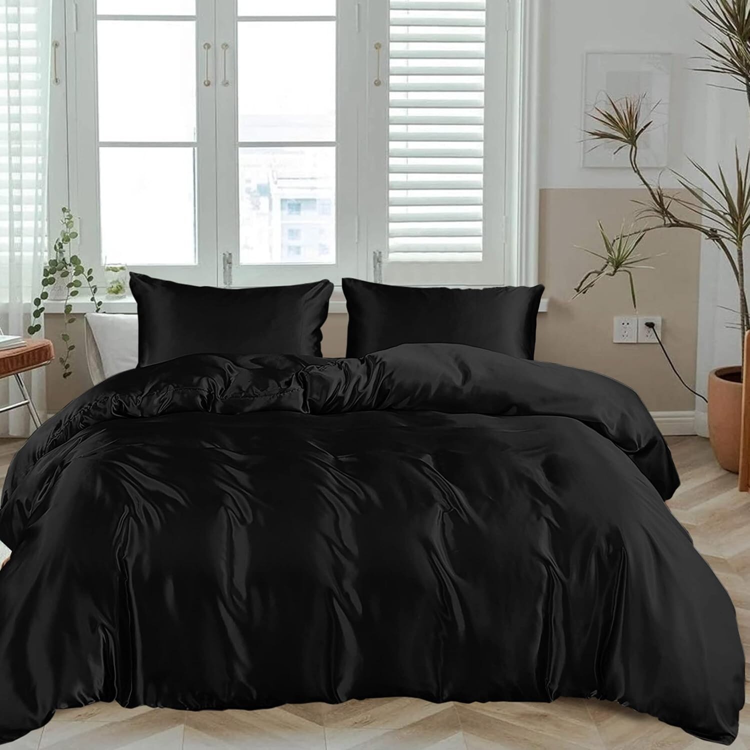 

Комплект пододеяльников Linenwalas Tencel из лиоцелла с простыней с глубокими карманами, вискоза из эвкалипта, мягкий, легкий и дышащий полный комплект постельного белья (угольно-черный, полный), Jet Black