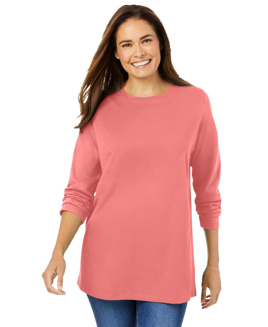 

Футболка с длинными рукавами и круглым вырезом идеального размера для полных женщин Woman Within, Sweet coral, Розовый, Футболка с длинными рукавами и круглым вырезом идеального размера для полных женщин Woman Within, Sweet coral