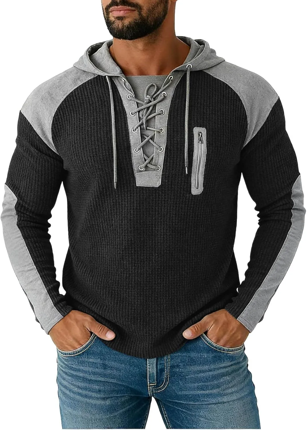 

Мужской худи с вафельной вязкой и цветными вставками