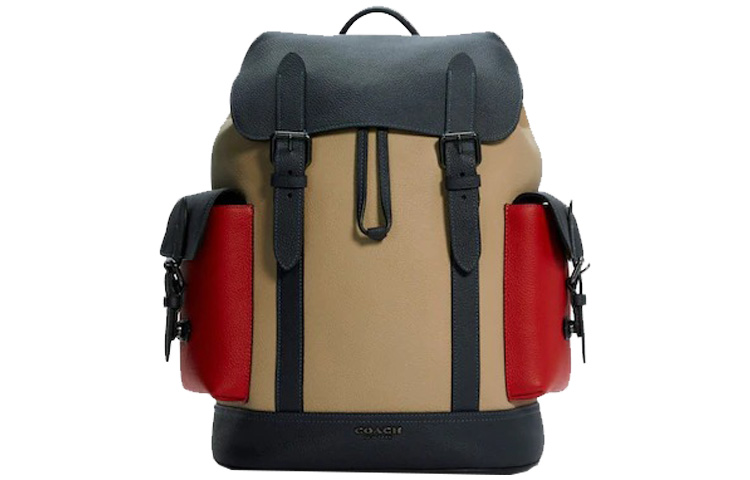 

COACH Hudson Leather With Canvas Backpack Large мужской цвета хаки, черный и красный