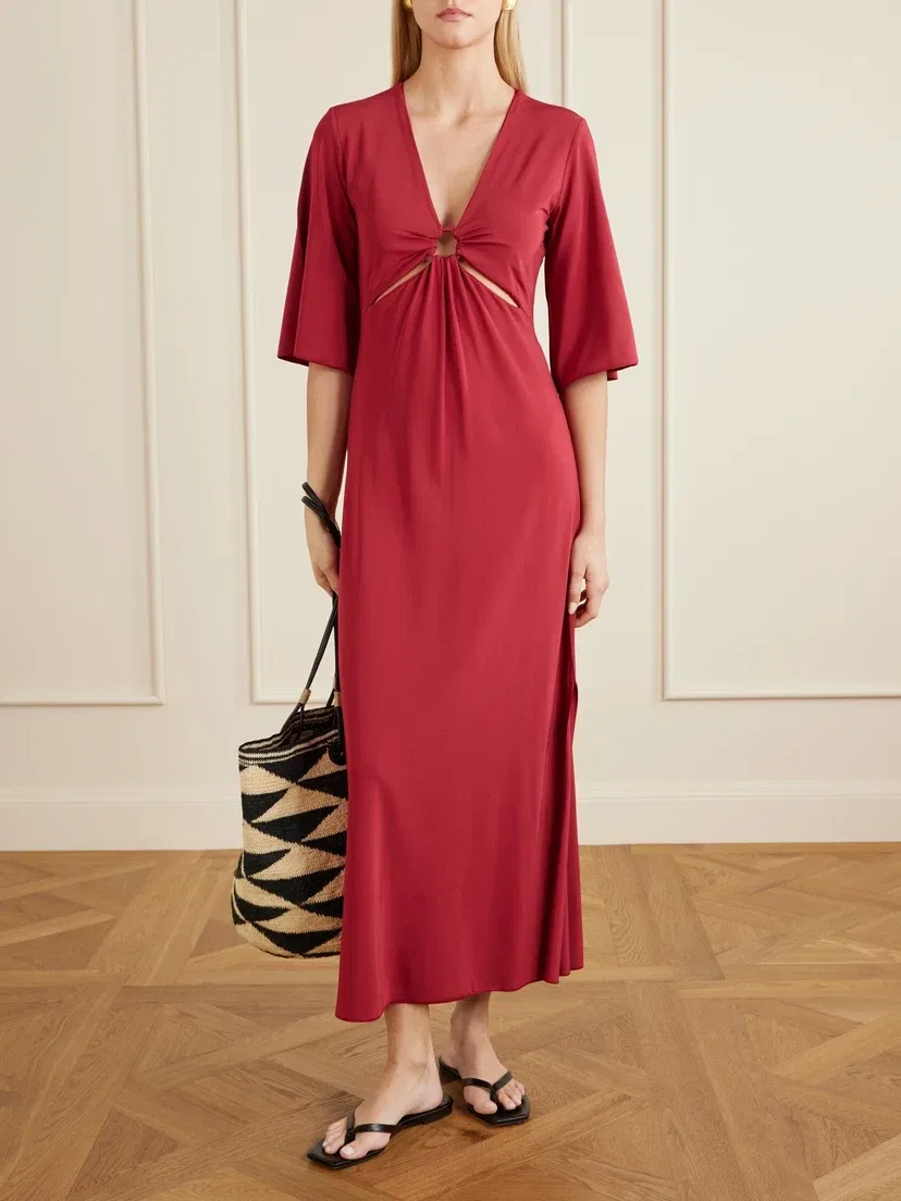 Макси-платье из эластичного джерси с драпировкой и вырезами MAX MARA, бордовый — фото 2