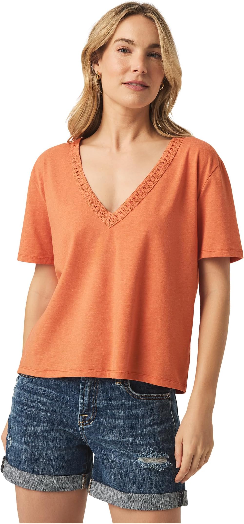 

Футболка Splendid Kacey Crochet V-Neck Tee, цвет Orange Tiger