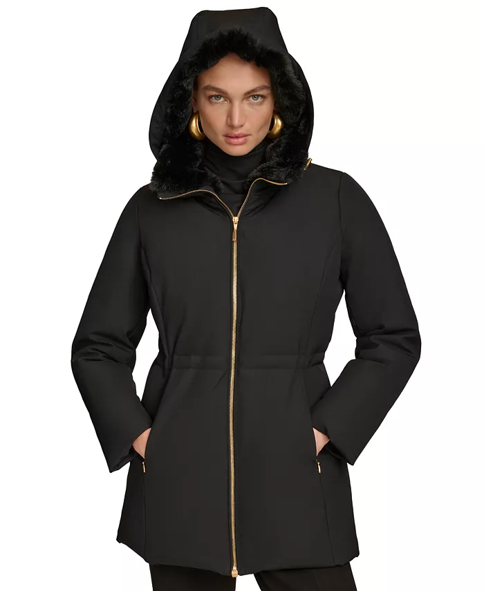

Женское короткое стеганое пальто с воротником из искусственного меха Donna Karan New York, черный