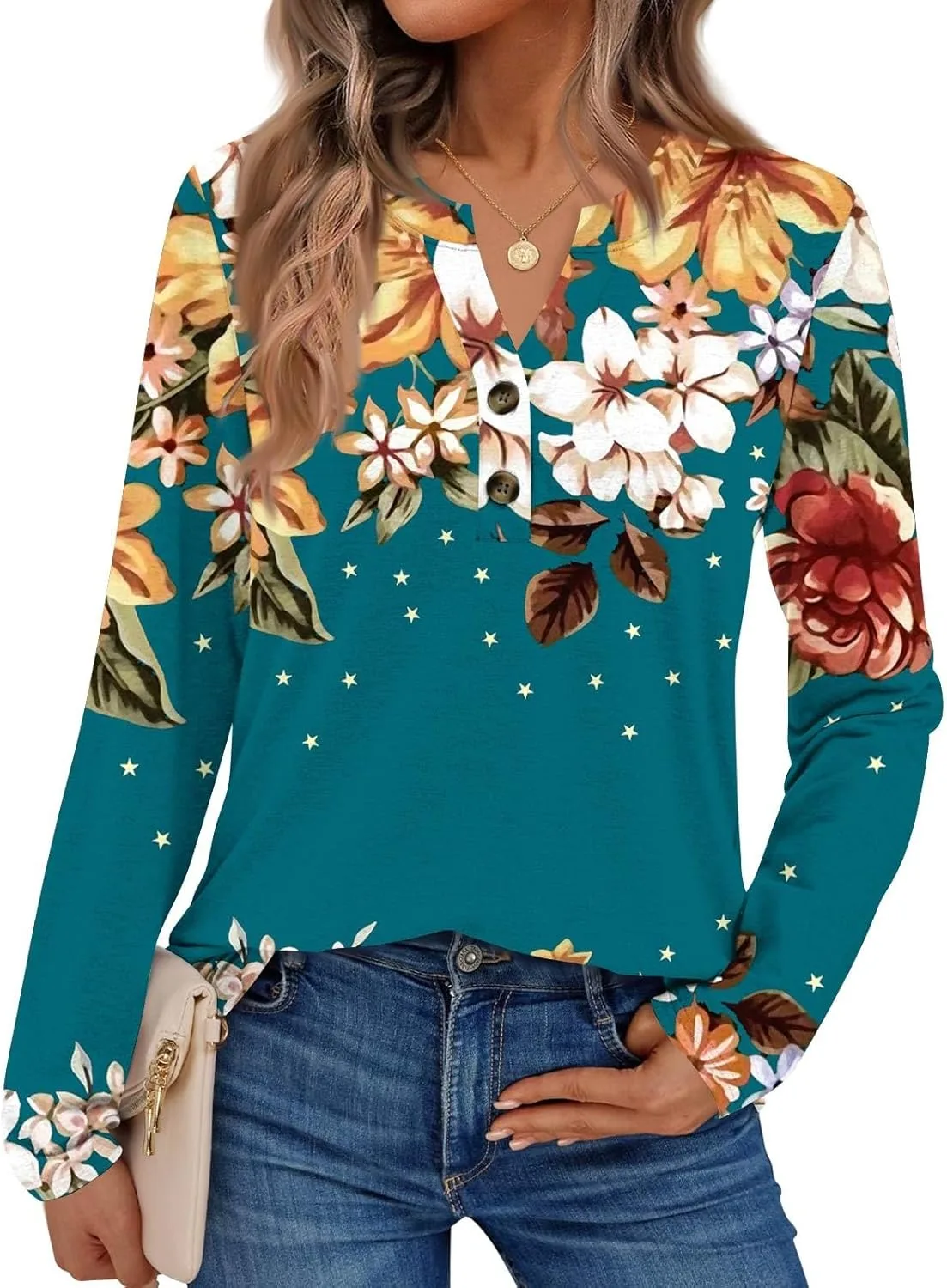 

Женская блузка с длинным рукавом и цветочным принтом
