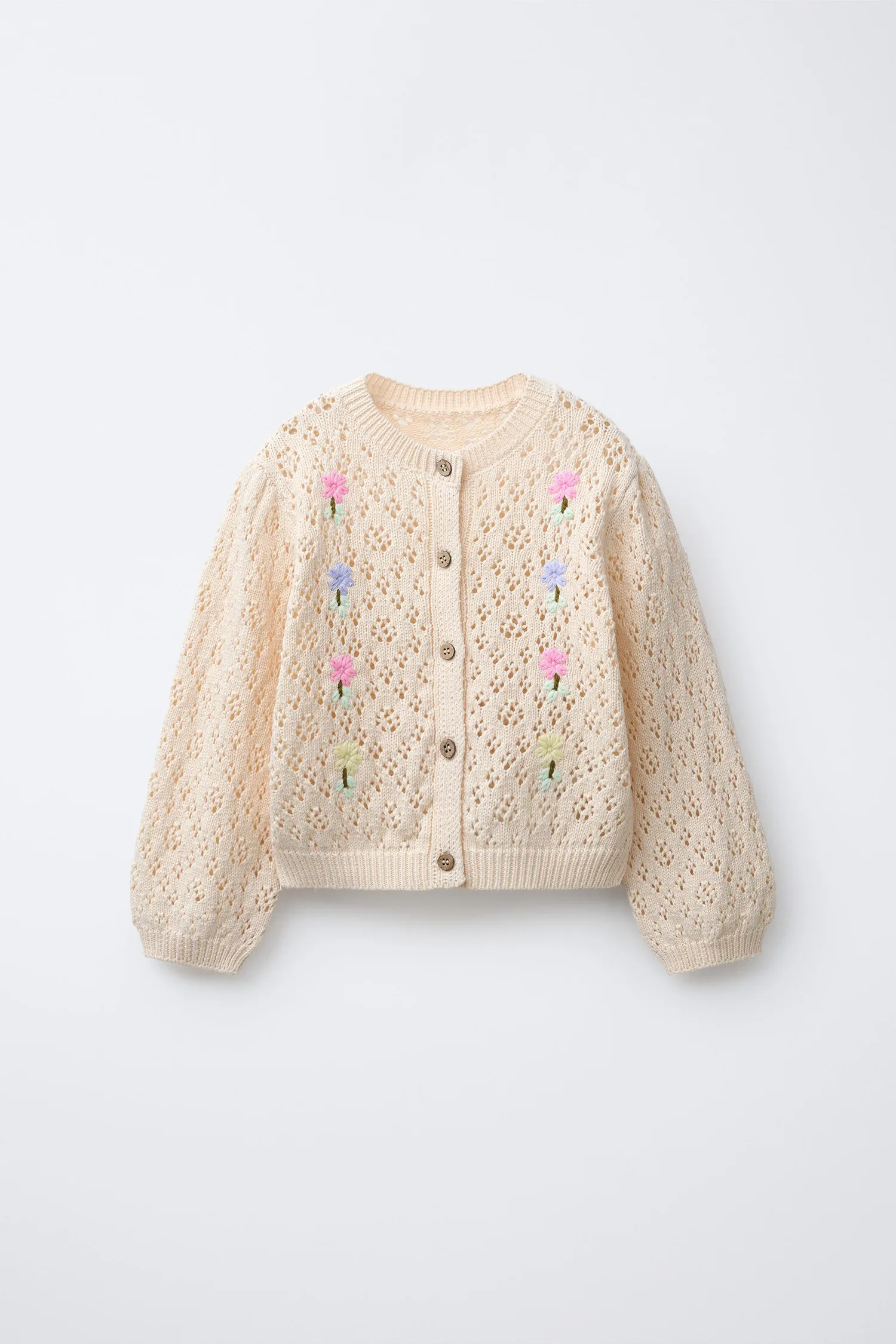 Кардиган из ажурной вязки с вышитыми цветами Zara, экрю
