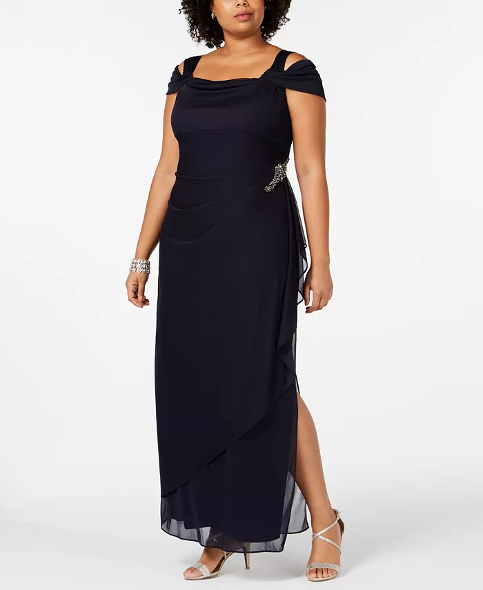 

Платье с холодным плечом и декором Plus Size Alex Evenings, синий