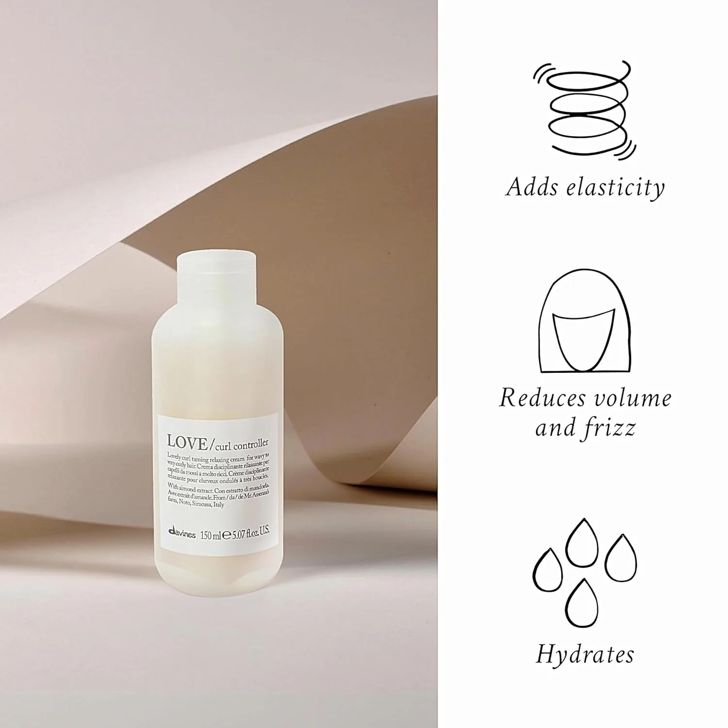 Davines LOVE Curl Controller крем для волнистых и кудрявых волос, расслабляющий эффект против пушистости - определяет текстуру, оставляя мягкие, легкие и упругие локоны даже при высокой влажности, с миндальным экстрактом, 150 мл — фото 3