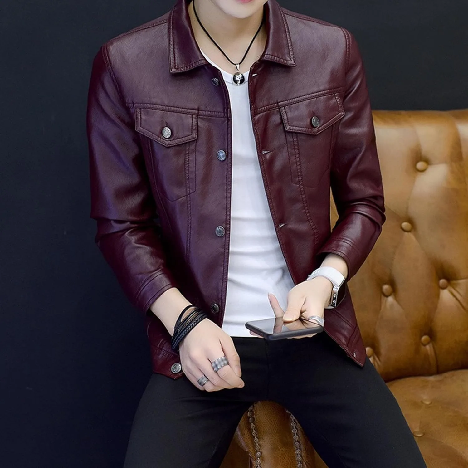 Мужская кожаная куртка-рубашка, приталенный крой, мотоциклетная куртка с воротником-стойкой Generic, красный — фото 4