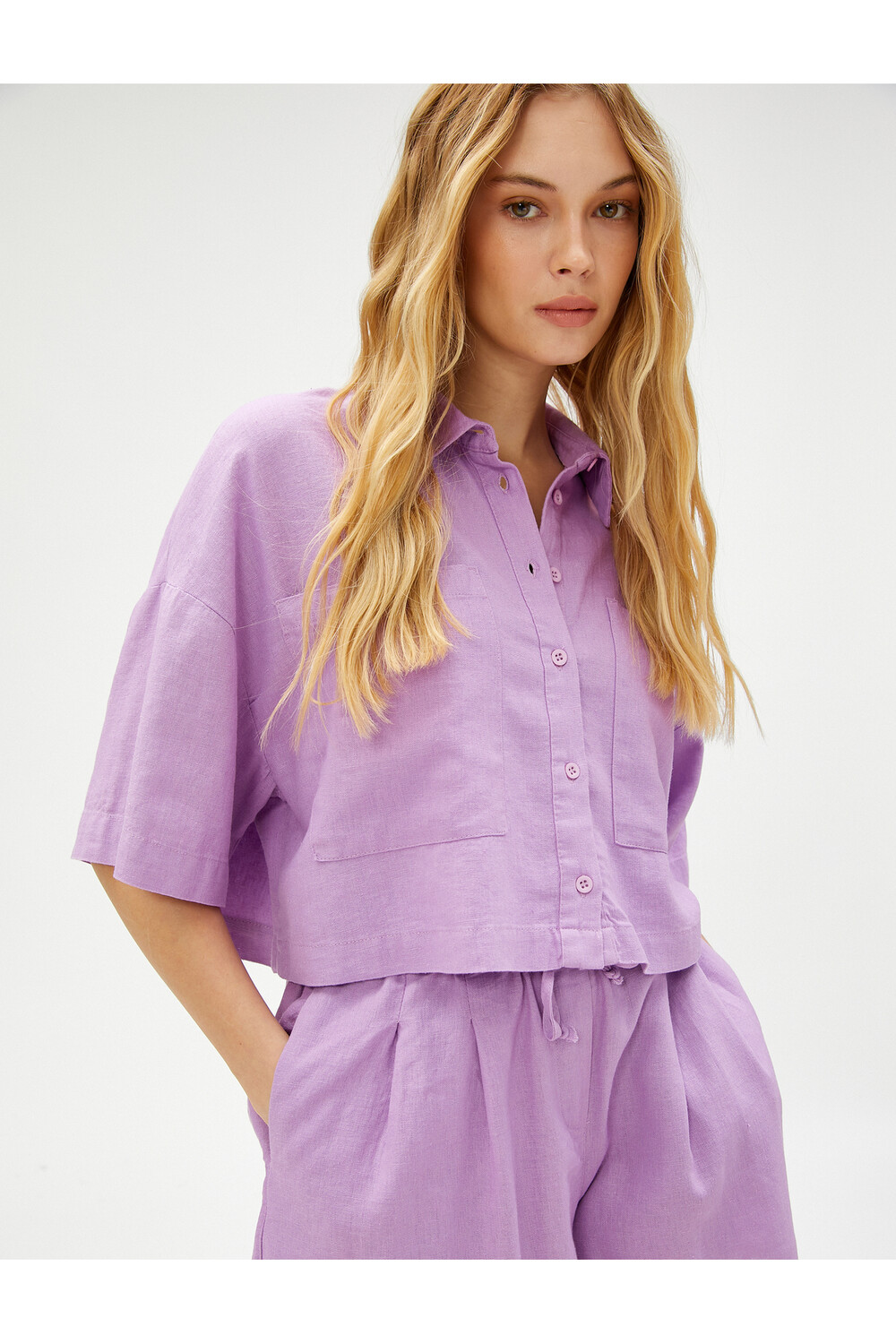 

Укороченная рубашка оверсайз из смесового льна Koton, фиолетовый