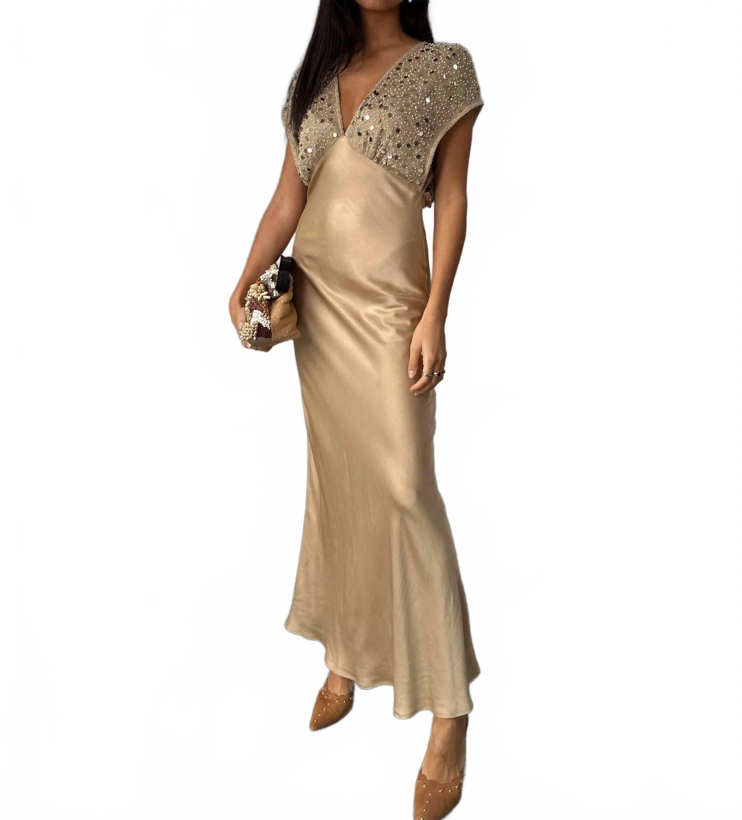 

Never fully dressed Платье-макси Elodie с пайетками, золотого цвета