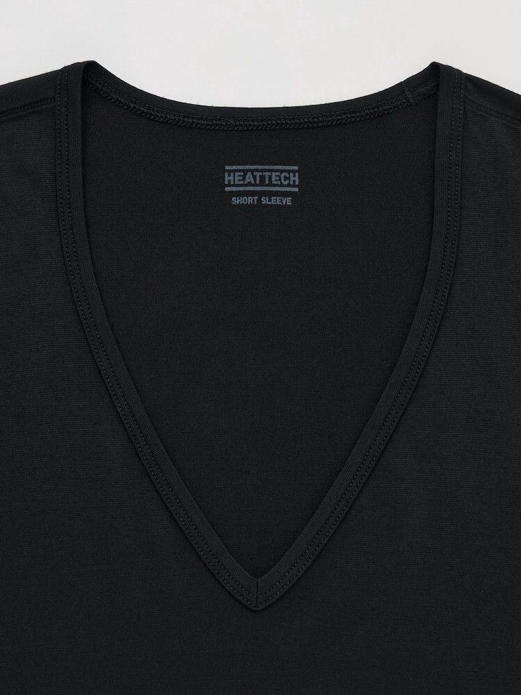 Футболка Heattech с v-образным вырезом короткий рукав Uniqlo, цвет 09 черный — фото 4