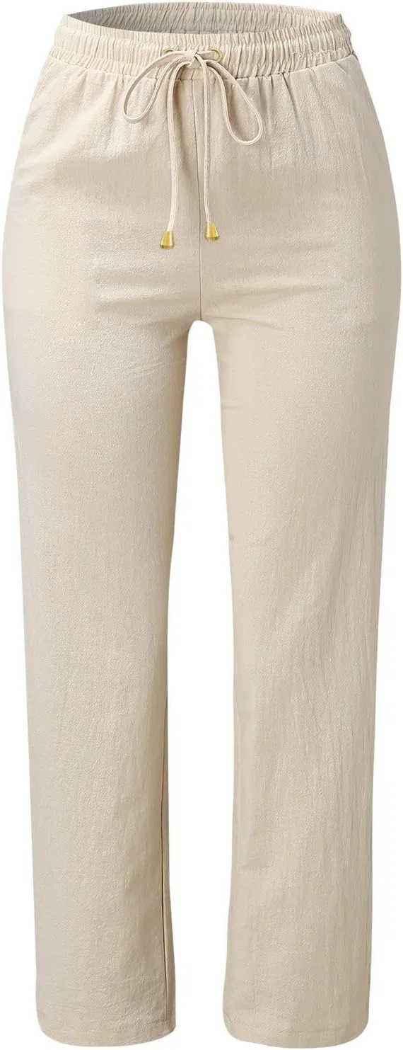 Generic Женские льняные брюки из хлопка и льна, с завязками, высокой талией, повседневные, летние, для пляжа и отдыха, мягкие, A54, бежевый — фото 3