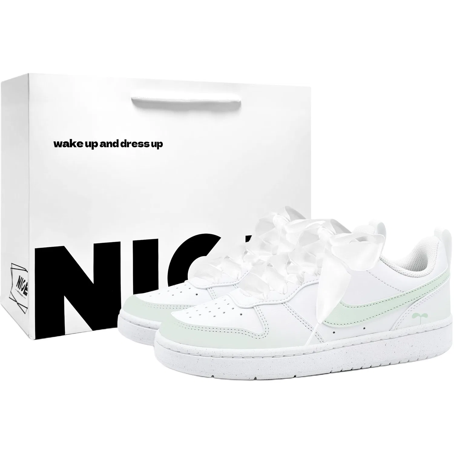 Кроссовки детские Nike Court Borough Mist с цветочным принтом, зеленые/белые