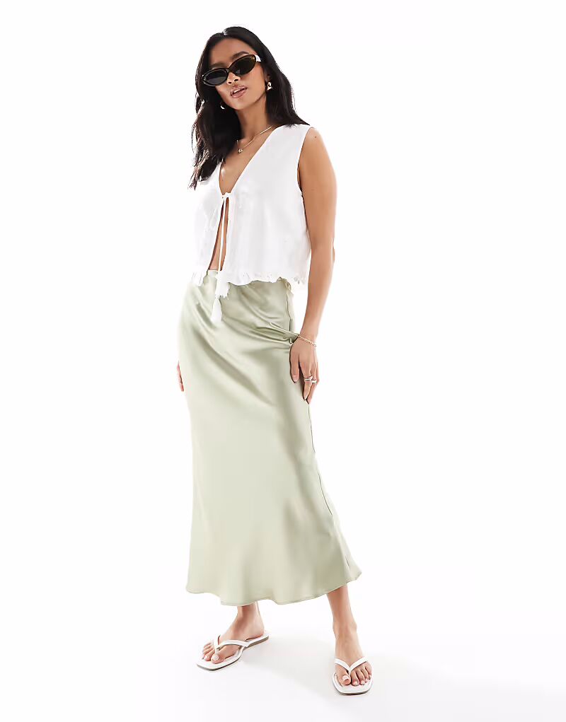 

New Look Petite Sage Green асимметричная атласная юбка миди