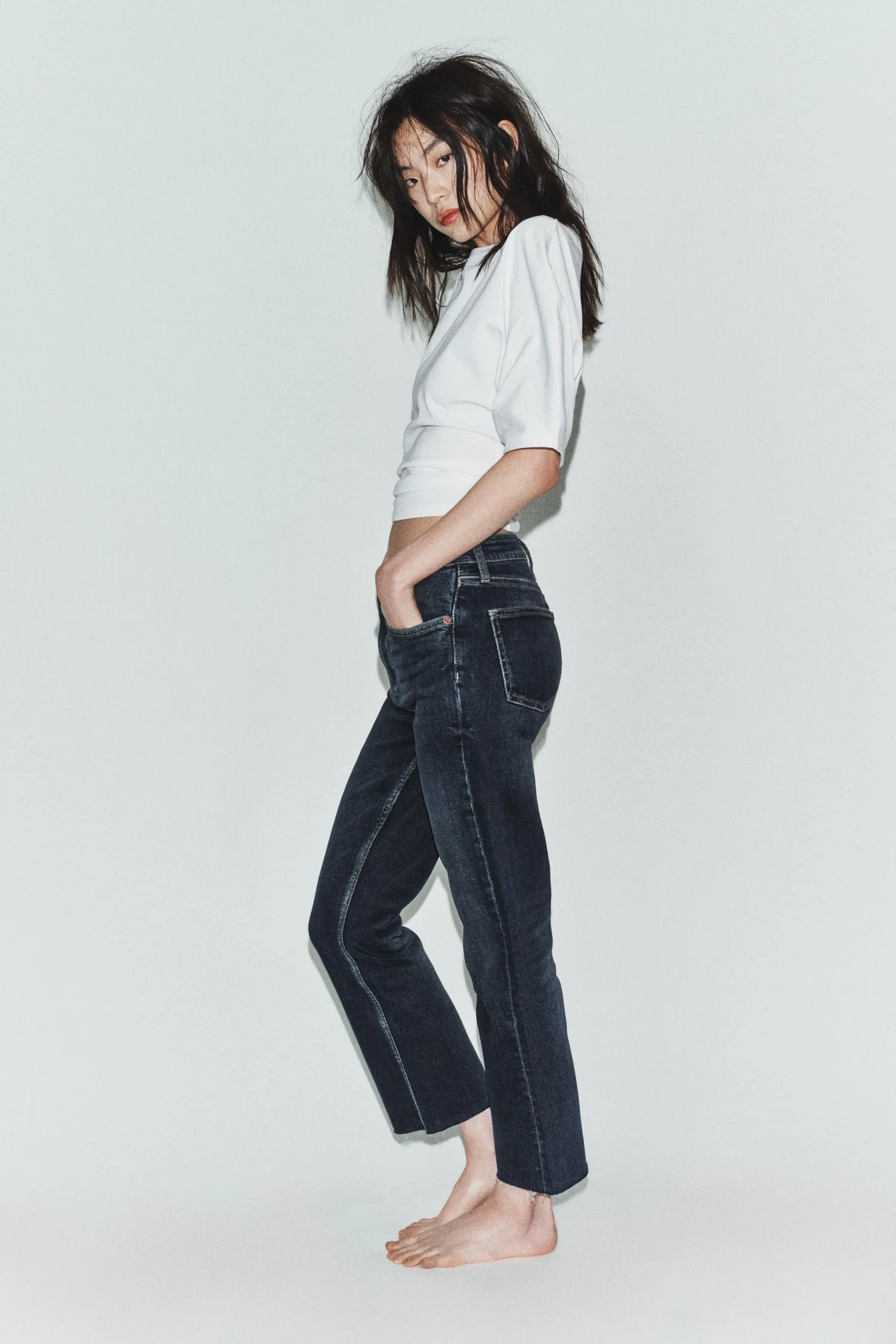Укороченные джинсы-клеш с высокой талией trf Zara, темно-синий — фото 4