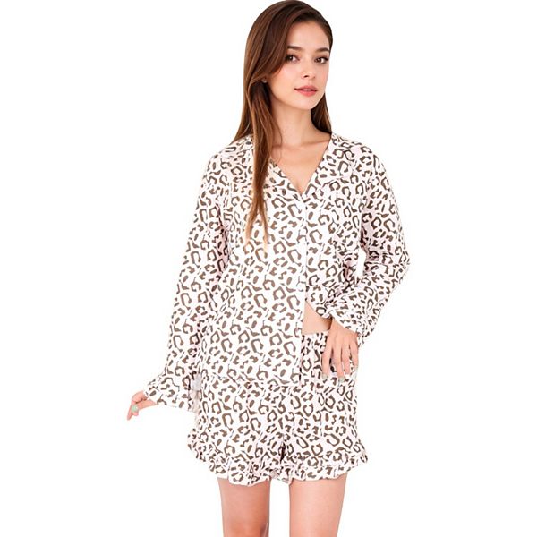 

Женский комплект пижамы с леопардовым принтом, пуговицами и шортами с рюшами Anna-Kaci, Brown