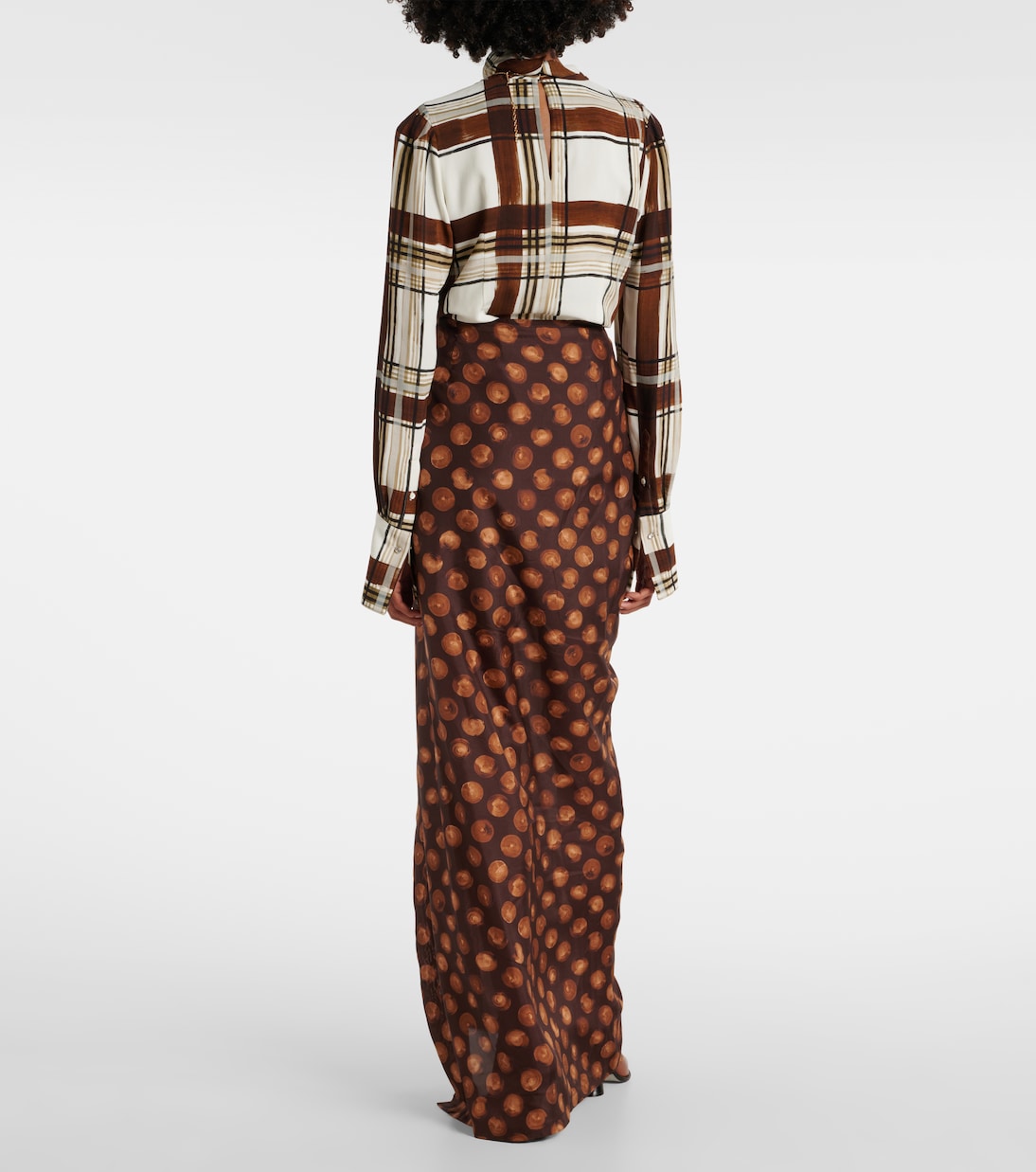 Юбка макси из шелкового атласа в горошек со сборками Dries Van Noten, коричневый — фото 3