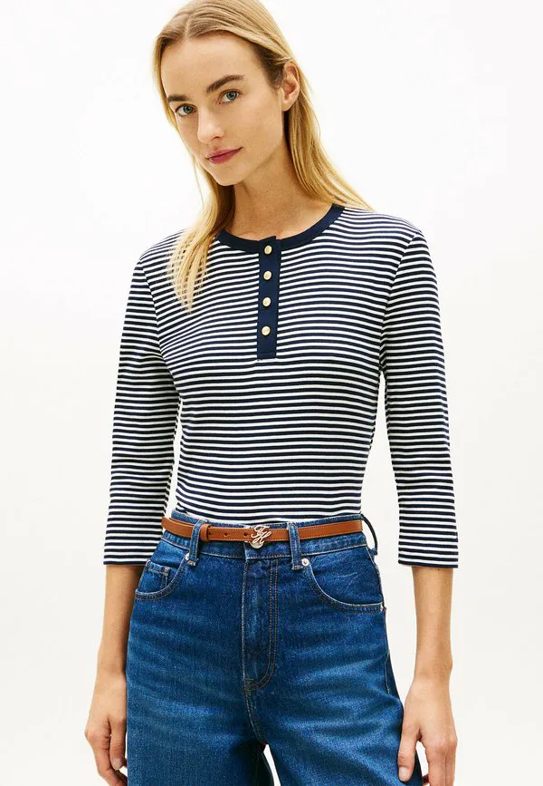 Золотистая блузка-поло с длинными рукавами и пуговицами. Tommy Hilfiger, Small Brt Stp Dark Night