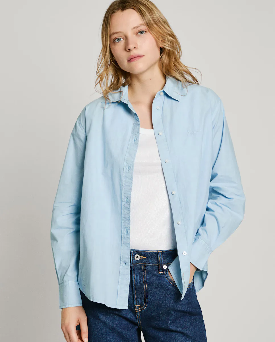 

Женская поплиновая рубашка с вышитым логотипом Pepe Jeans, светло-голубой