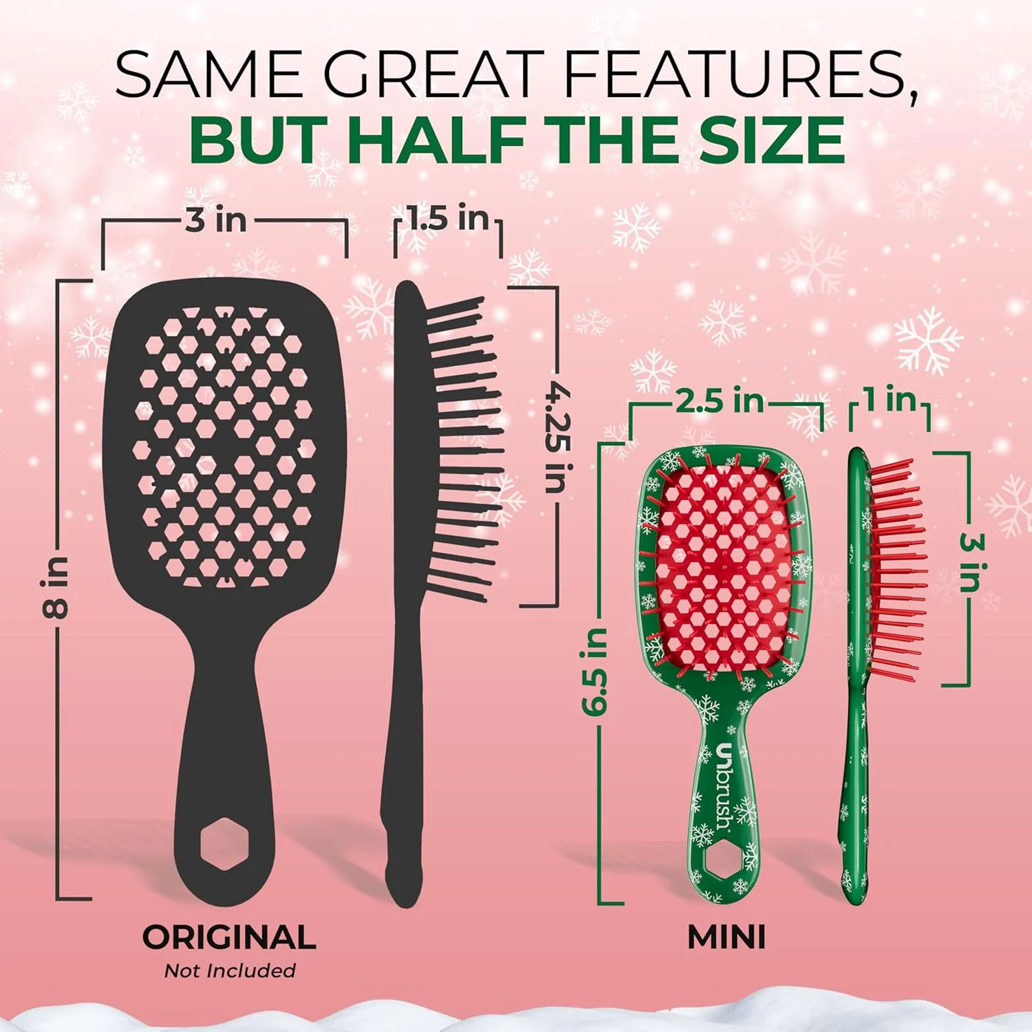 Мини-щетка для волос UNbrush Mini Holiday Hair Brush для безболезненного расчесывания всех типов влажных и сухих волос. Fhi Heat, Snowy Pine Green — фото 4