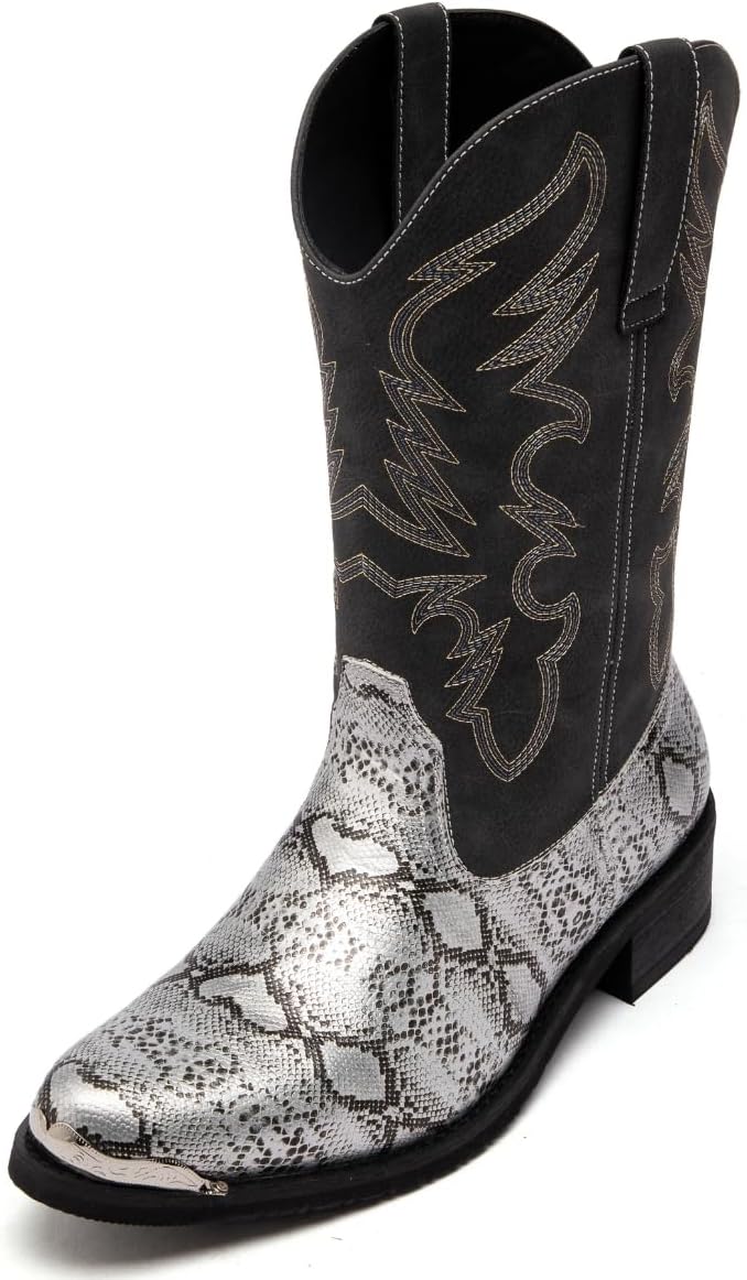 

Мужские ковбойские сапоги Gnvkxeu с круглым носком, вышитые с традиционным западным кантри узором искусственной змеиная кожа, серебро