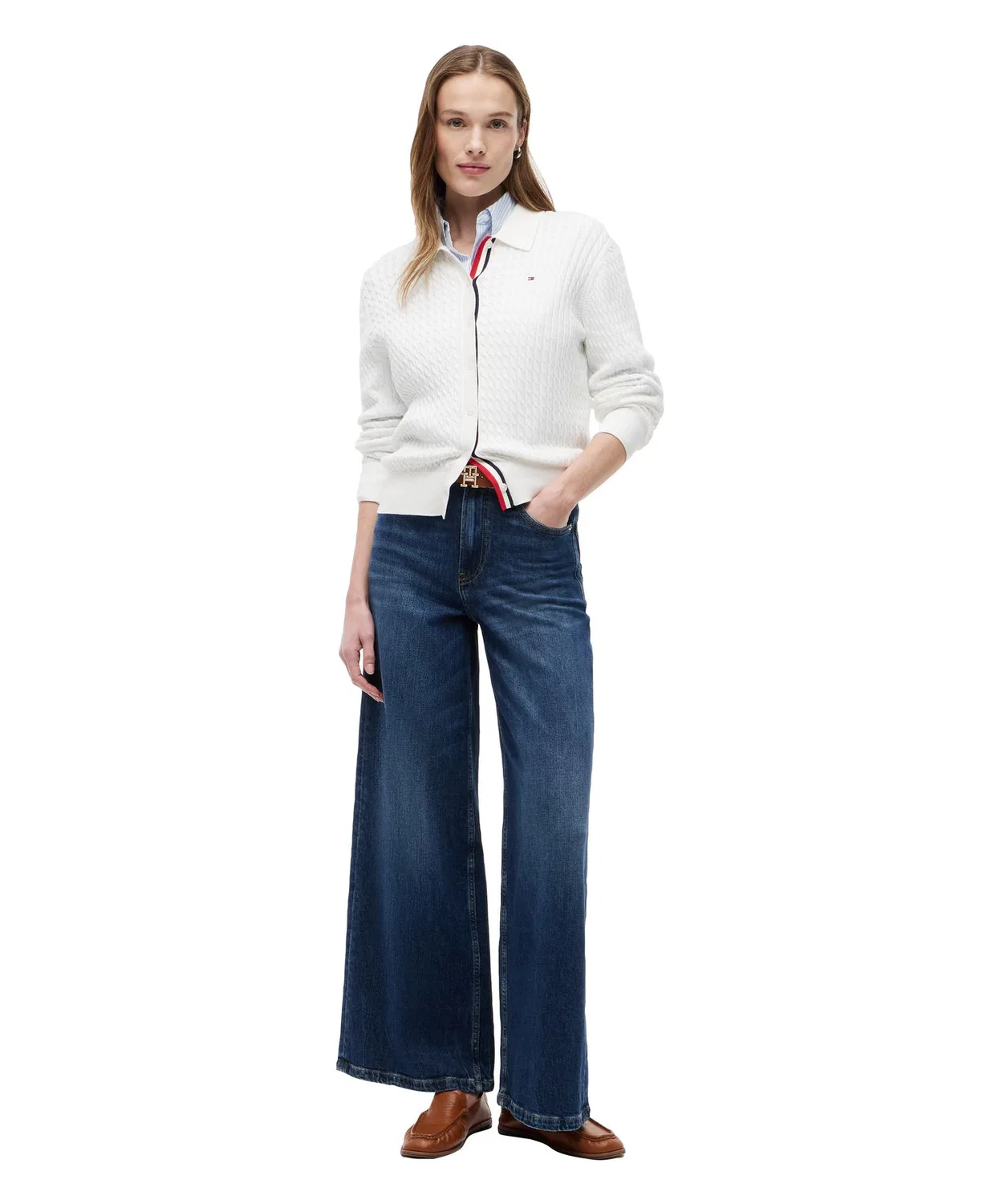 Кардиган с воротником и косами Tommy Hilfiger из хлопка, белый — фото 3