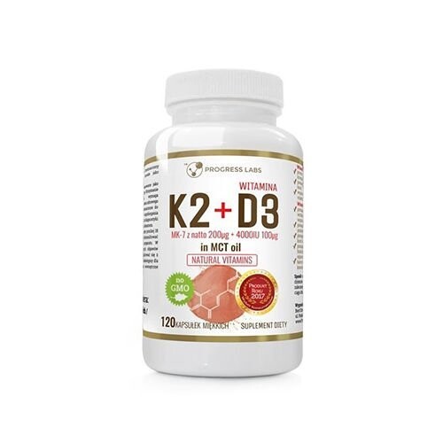 

Progress Labs, Витамин K2Mk-7 200 мкг+D3 4000 МЕ в Mct 120 капсул.