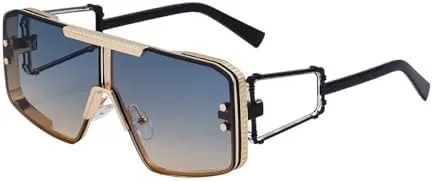 

Солнцезащитные очки большого размера 2026 года для женщин и мужчин, винтажные, популярные, в стиле метал-панк, с плоской верхней частью MTZJH, Gold Green Yellow