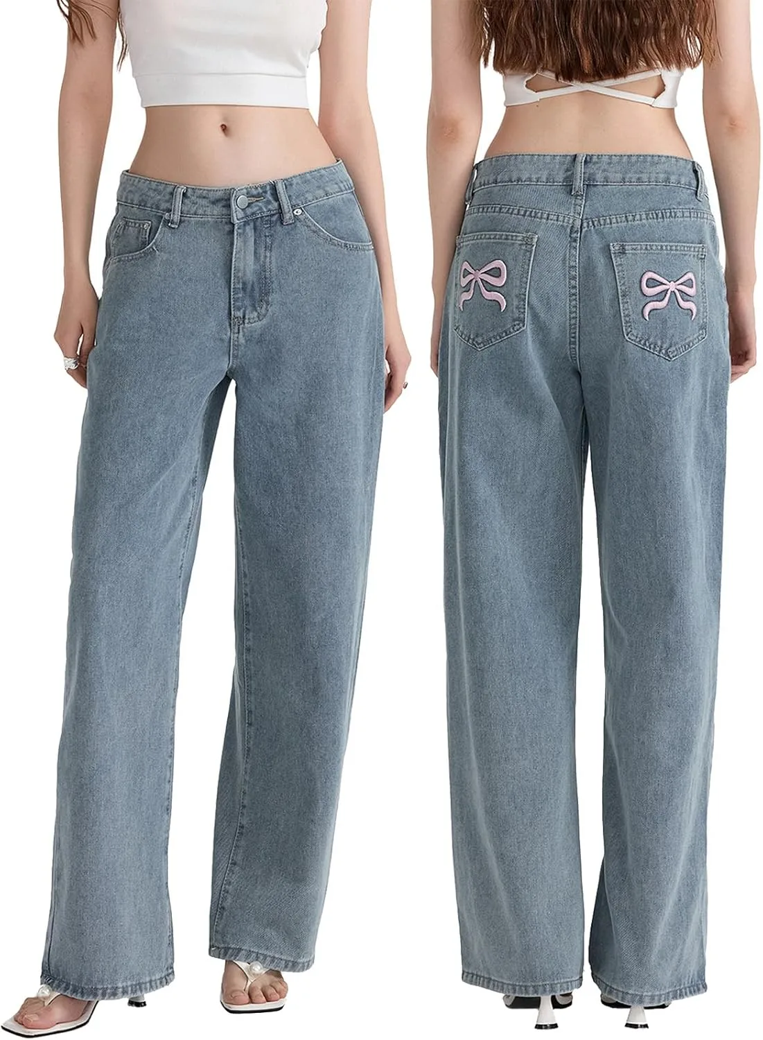 

HOTIAN женские джинсы Mid Waisted Straight Wide Leg Baggy Sweet Ribbon