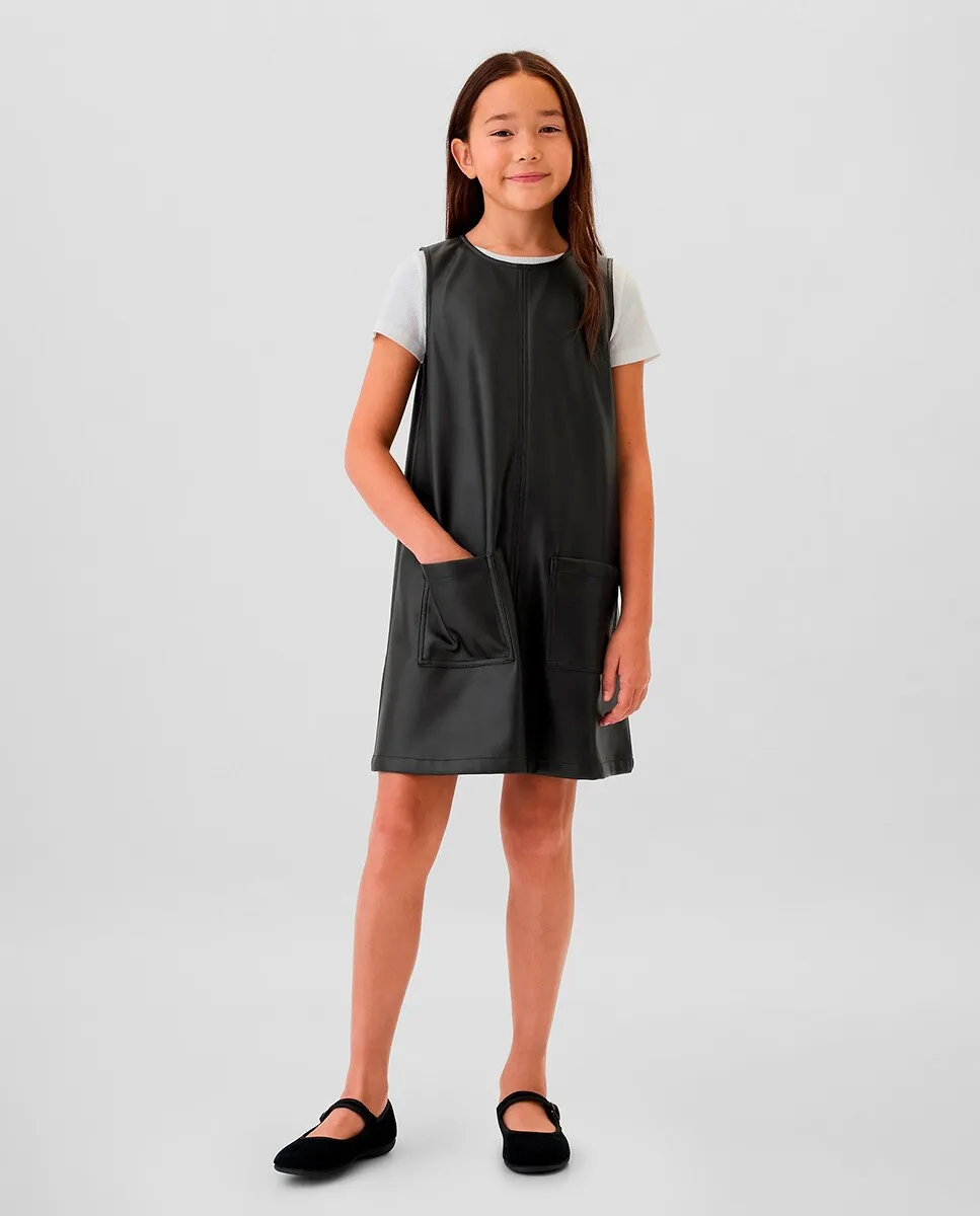 

Прямое кожаное платье для девочки с круглым вырезом Gap, черный