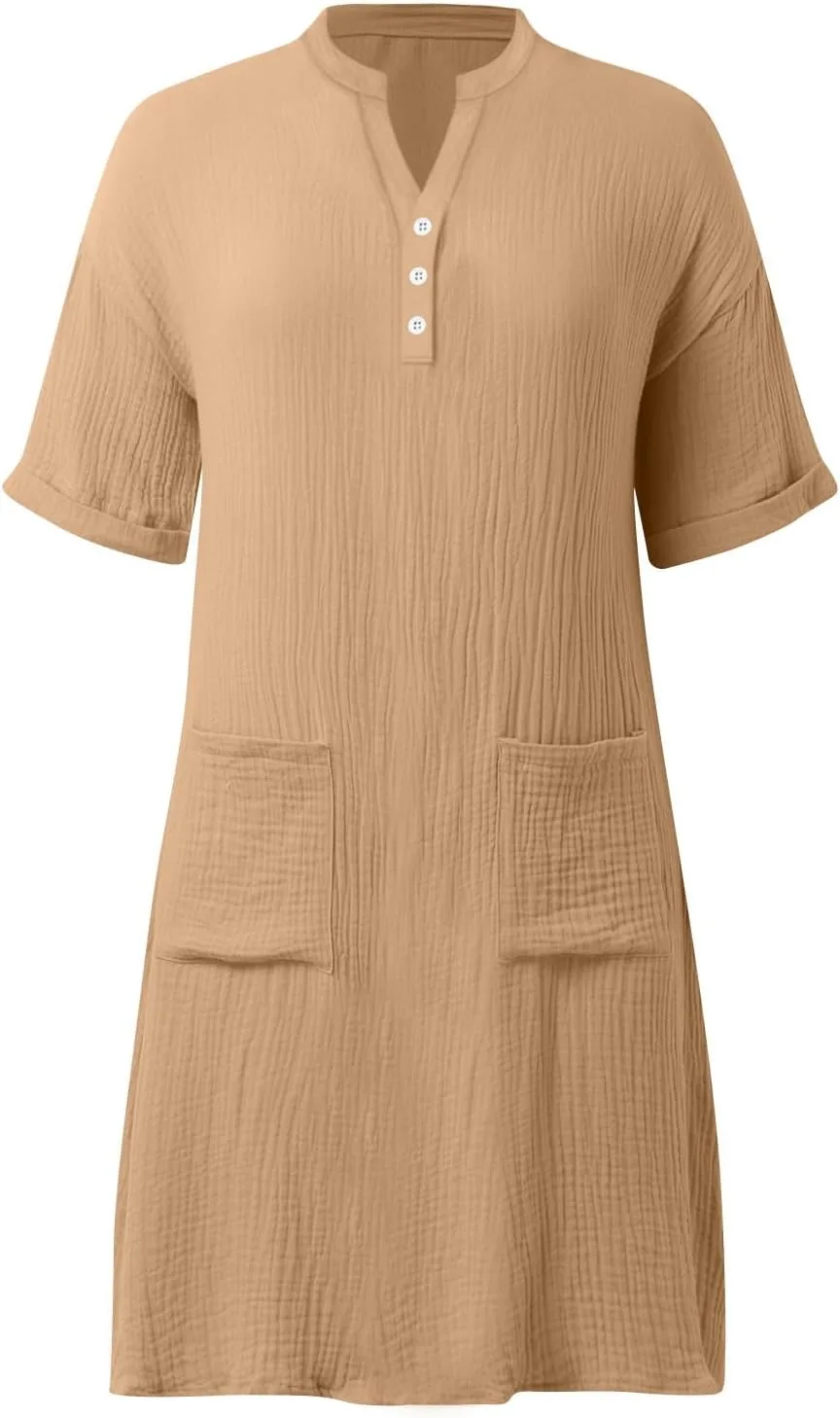 Льняные платья для женщин, платья-рубашки с закатанными рукавами и пуговицами, повседневные летние платья однотонного цвета с карманами Generic, хаки — фото 4