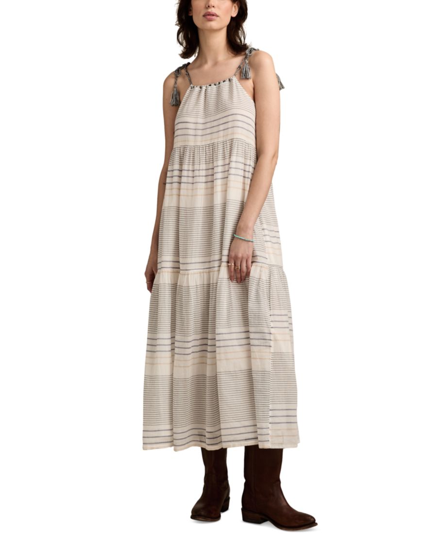 

Женское полосатое хлопковое многоярусное макси-платье Lucky Brand, Blue Stripe