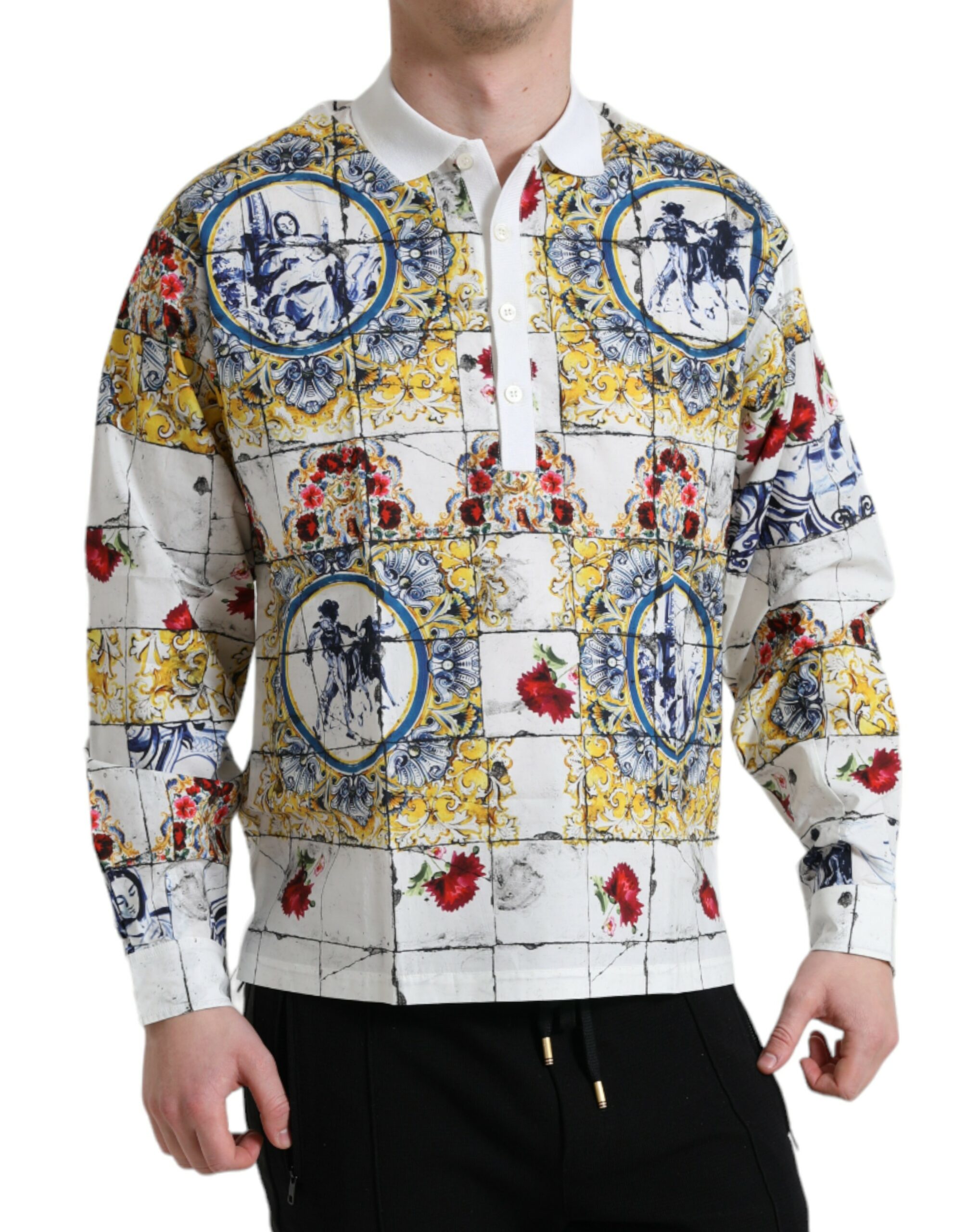

Элегантная рубашка-поло с длинным рукавом и узором майолика Dolce & Gabbana, белый