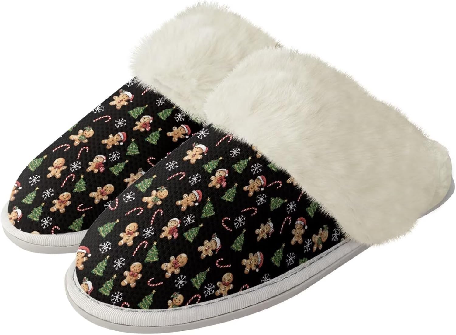 

Тапочки Srengjodk для женщин и мужчин, хлопковые фланелевые тапочки с меховой отделкой, домашние тапочки для него и для нее, размер 36-47, Gingerbread Full Print