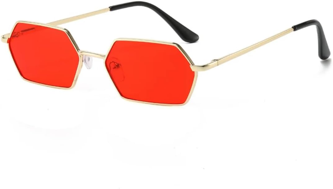 

Маленькие панк-солнцезащитные очки для женщин и мужчин в винтажном стиле, шестиугольная металлическая оправа, роскошные женские очки с защитой от УФ-излучения UV400 VFDHN, Gold Red