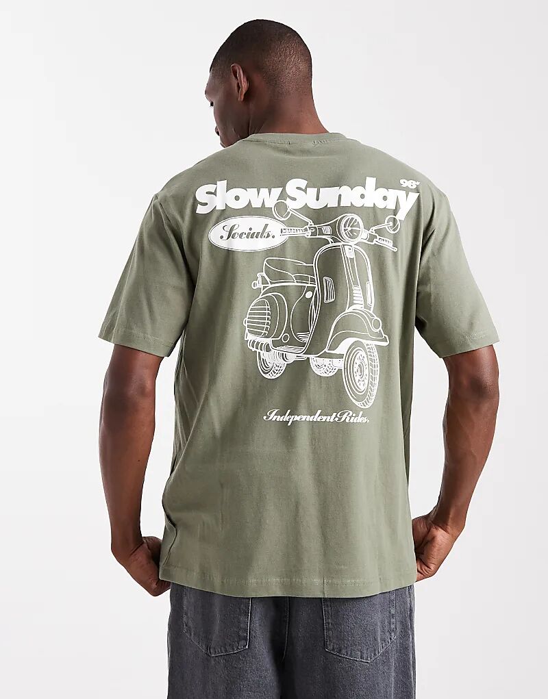 

Футболка ONLY & SONS свободного кроя с принтом мопеда на спине цвета хаки