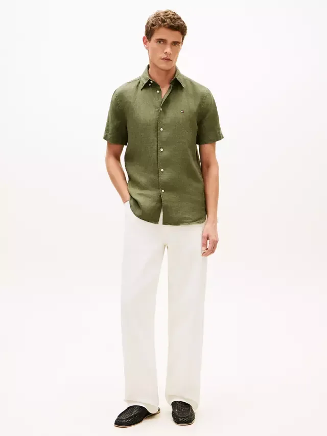 Льняная рубашка прямого кроя с логотипом Tommy Hilfiger, Olive Green — фото 2