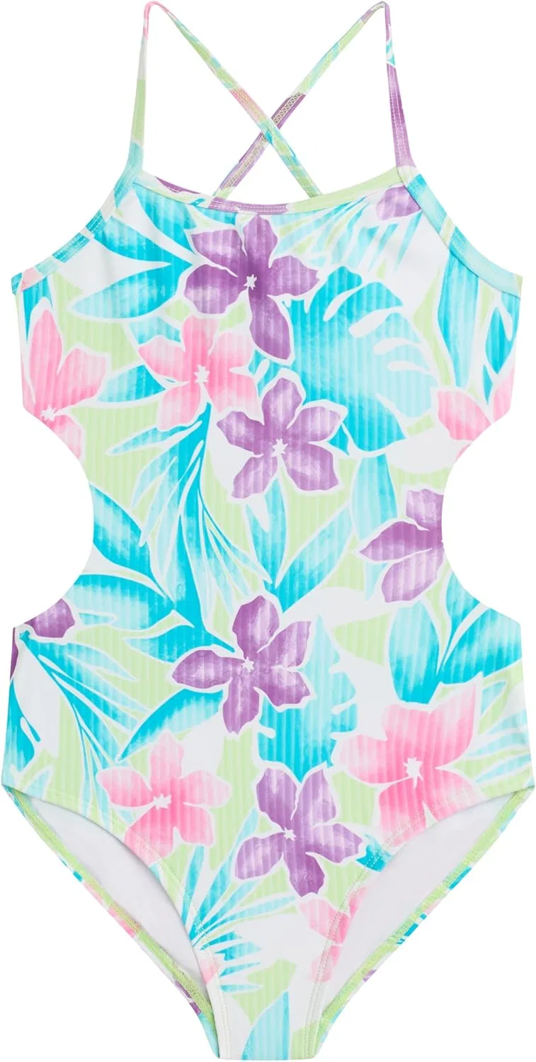 Слитный купальник Kanu Surf Girls' Amelia UPF 50 с двойным вырезом и эластичной лентой, Amelia Pink/Blue