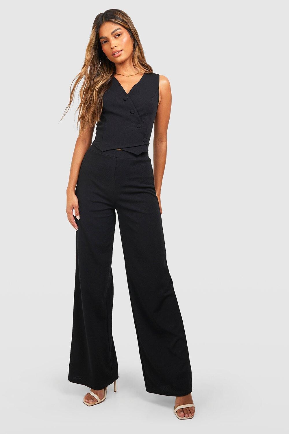 

Асимметричный жилет и широкие брюки из трикотажного крепа Boohoo, черный