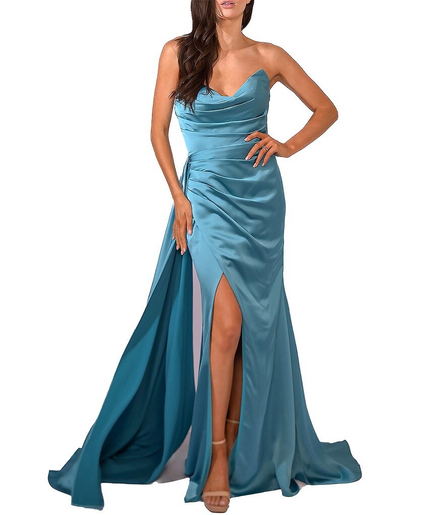 

Terani Couture Атласное платье русалки без бретелек без рукавов с разрезом спереди, синий