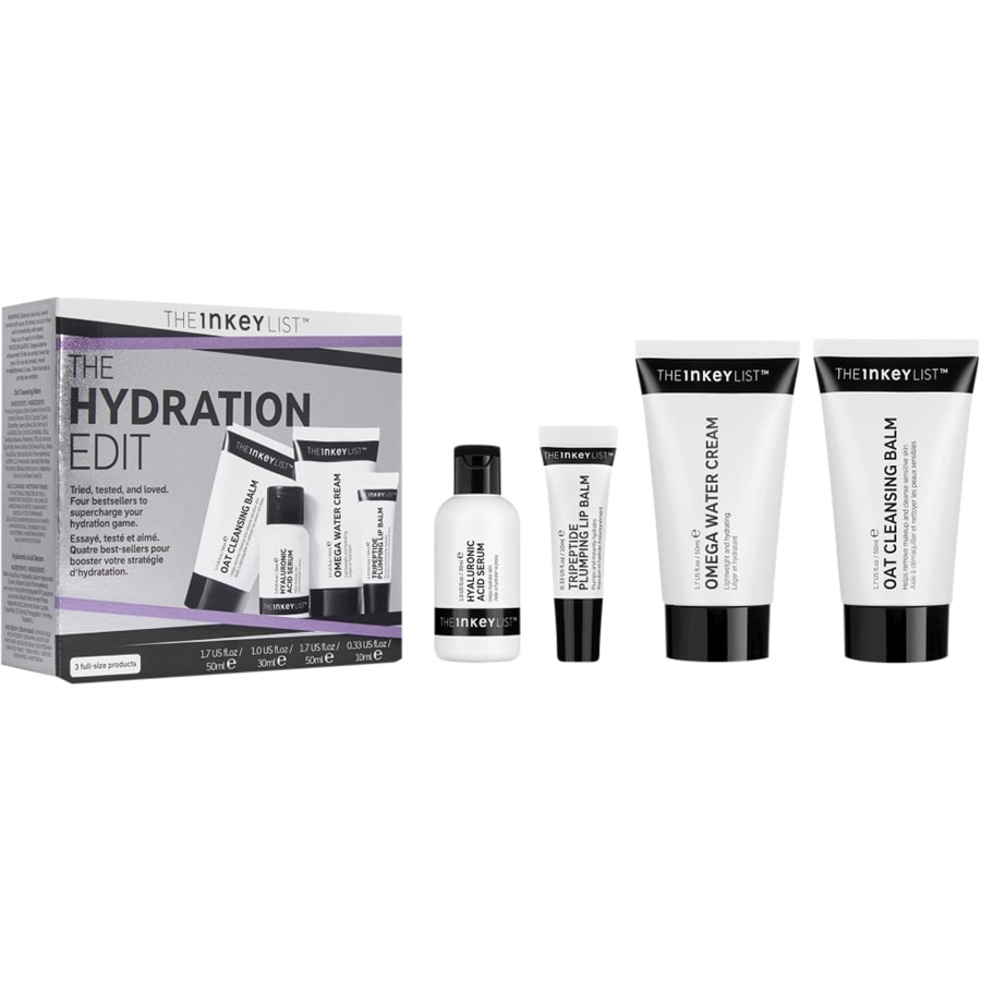 

Крем для лица The INKEY List The Hydration Edit, Oat Cleansing Balm 50ml + Hyaluronic Acid Serum 30ml + Omega Water Cream 50ml + Tripeptide Plumping Lip Balm 10ml + / 4 Stk.