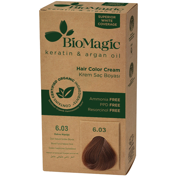 

Краска для волос тёмно-золотистый блондин 6.03, 250 г Biomagic Keratin&Argan oil, цвет złoty blond 6.03