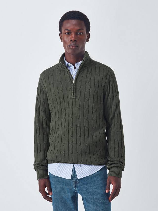 

Полузастёгивающийся свитер с высоким воротником и косой вязкой из хлопка с кашемиром John Lewis, Seal Grey