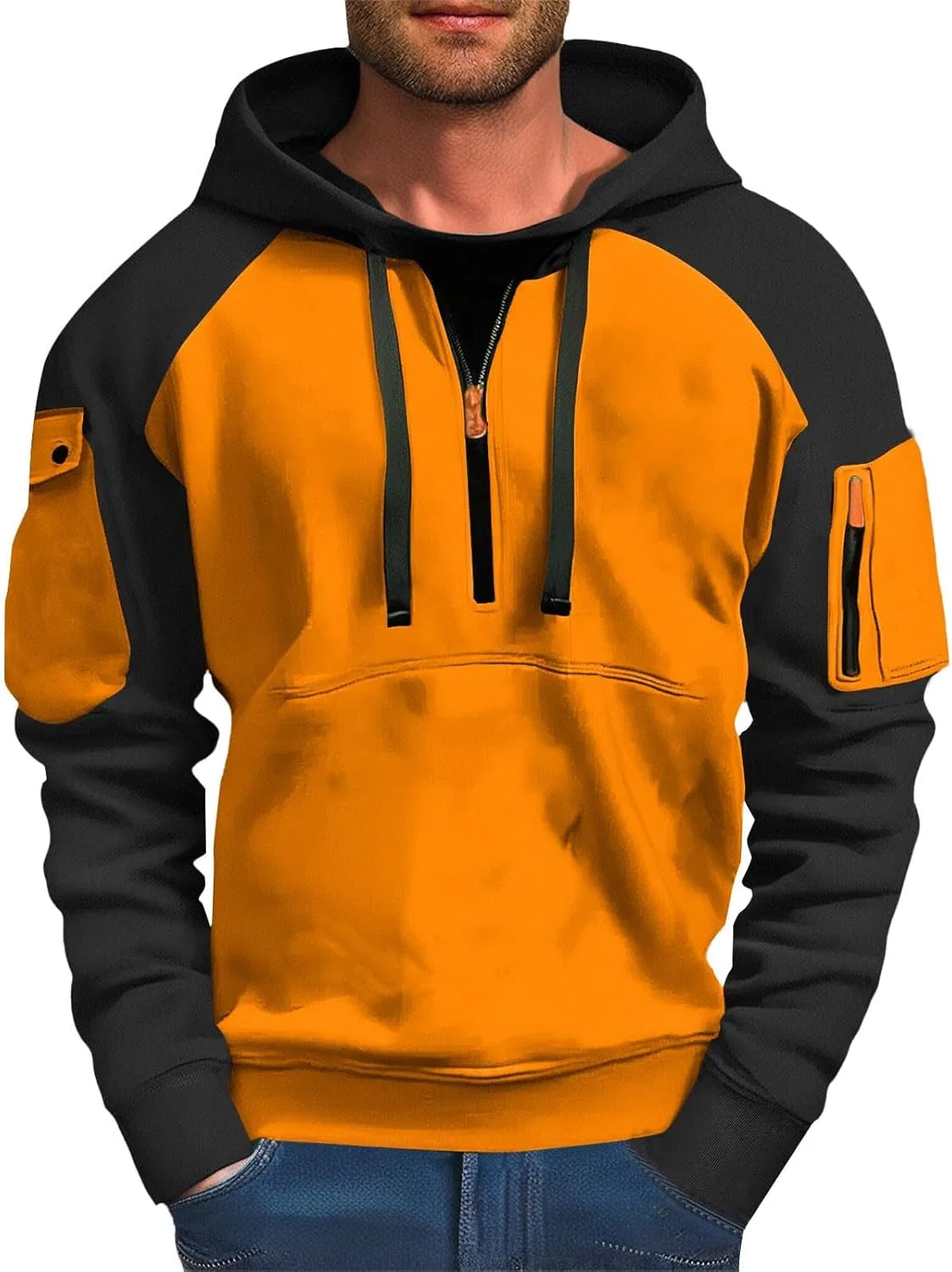 Мужская толстовка с капюшоном, цвет блок, раглан, Orange