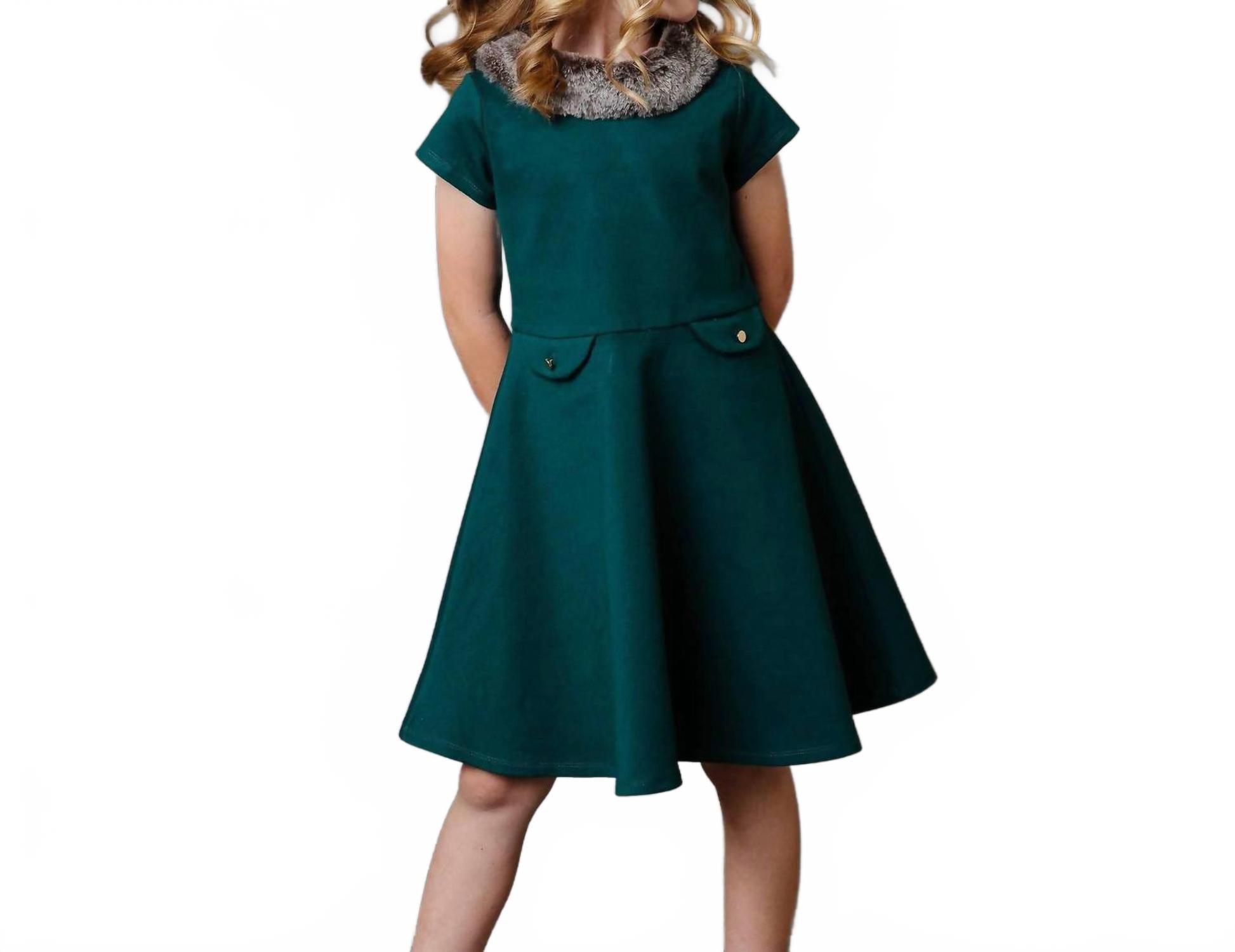 

HOPE & HENRY Платье-трапеция из ткани понте с расклешенной юбкой и искусственным мехом темно-зеленого цвета