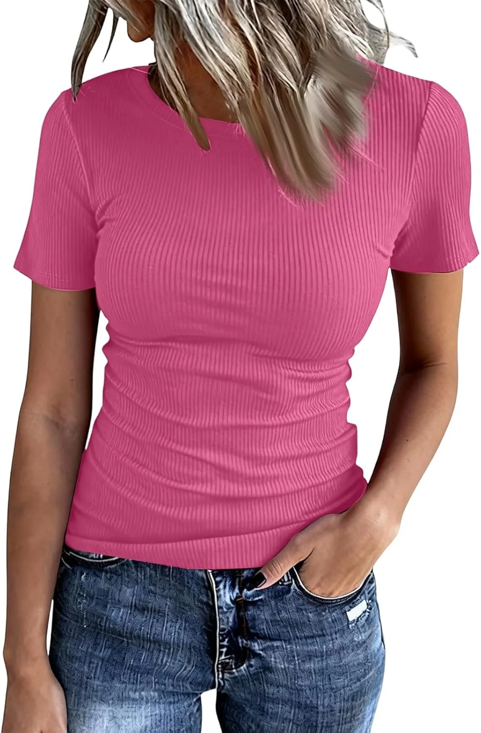 

Женский топ с коротким рукавом и круглым вырезом Ribbed Knit FlekmanArt