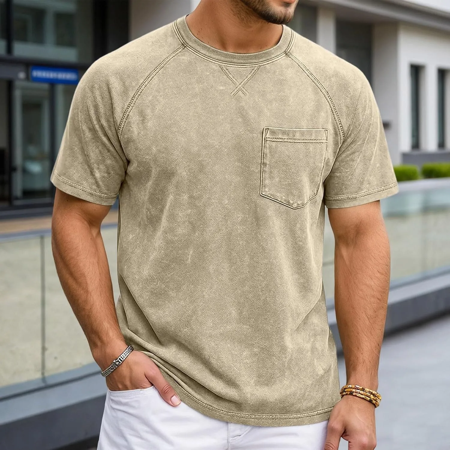 Мужская футболка Casual с регланными короткими рукавами и круглым вырезом — фото 3